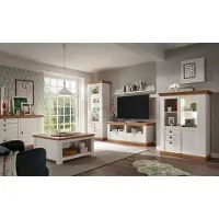 IMV Woonkamerwand in landhuisstijl, 546 cm, van grenenhout, wit / eikenhout "Wotan", met vitrine. Complete set voor de woonkamer