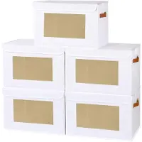 Famanu – Set van 5 opvouwbare stoffen opbergdozen met deksel en transparant venster wit 45x30x30