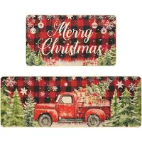 Famanu – Kerst deurmat set van 2 antislip rood zwart geruit 60 x 40 en 120 x 40 cm