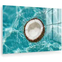 MuchoWow Glasschilderij 180x120 cm - Schilderij acrylglas - Kokosnoot - Water - Wit - Foto op glas - Muurdecoratie woonkamer - Wanddecoratie slaapkamer - Schilderijen