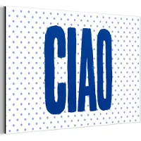 MuchoWow Aluminium schilderij 150x100 cm - Wanddecoratie metaal - Ciao - Blauw - Stippen - Metalen muurdecoratie woonkamer - Decoratie industrieel - Foto op dibond - Industriële accessoires slaapkamer