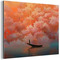 MuchoWow Aluminium schilderij 40x30 cm - Wanddecoratie metaal - Zee - Boot - Wolken - Oranje - Metalen muurdecoratie woonkamer - Decoratie industrieel - Foto op dibond - Industriële accessoires slaapkamer