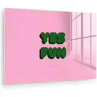MuchoWow Glasschilderij 30x20 cm - Schilderij acrylglas - Yes fun - Groen - Roze - Foto op glas - Muurdecoratie woonkamer - Wanddecoratie slaapkamer - Schilderijen