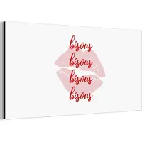 MuchoWow Aluminium schilderij 40x20 cm - Wanddecoratie metaal - Bisous - Lip - Wit - Rood - Metalen muurdecoratie woonkamer - Decoratie industrieel - Foto op dibond - Industriële accessoires slaapkamer