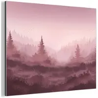 MuchoWow Aluminium schilderij 80x60 cm - Wanddecoratie metaal - Landschap - Mistig - Roze - Metalen muurdecoratie woonkamer - Decoratie industrieel - Foto op dibond - Industriële accessoires slaapkamer