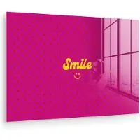 MuchoWow Glasschilderij 180x120 cm - Schilderij acrylglas - Smile - Stippen - Geel - Smiley - Roze - Foto op glas - Muurdecoratie woonkamer - Wanddecoratie slaapkamer - Schilderijen