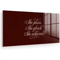 MuchoWow Glasschilderij 40x20 cm - Schilderij acrylglas - She plans she glows she achieves - Rood - Cursief - Foto op glas - Muurdecoratie woonkamer - Wanddecoratie slaapkamer - Schilderijen