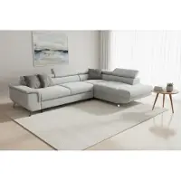 Fun-Möbel Eckbank met slaapfunctie, model PLATO, bekleed met stof Onega in lichtgrijs, met een chaise longue aan de rechterkant