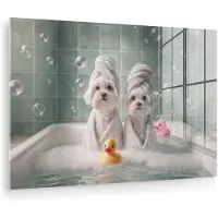 MuchoWow Glasschilderij 180x120 cm - Schilderij acrylglas - Hondjes - Badkuip - Badeendjes - Handdoeken - Foto op glas - Muurdecoratie woonkamer - Wanddecoratie slaapkamer - Schilderijen
