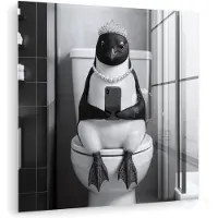 MuchoWow Glasschilderij 90x90 cm - Schilderij acrylglas - Pinguïn - Telefoon - Toilet - Zwart - Wit - Foto op glas - Muurdecoratie woonkamer - Wanddecoratie slaapkamer - Schilderijen