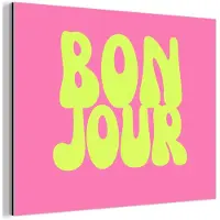 MuchoWow Aluminium schilderij 80x60 cm - Wanddecoratie metaal - Bonjour - Roze - Fel groen - Metalen muurdecoratie woonkamer - Decoratie industrieel - Foto op dibond - Industriële accessoires slaapkamer