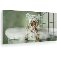 MuchoWow Glasschilderij 160x80 cm - Schilderij acrylglas - Soak it all in - Hond - Bad - Foto op glas - Muurdecoratie woonkamer - Wanddecoratie slaapkamer - Schilderijen