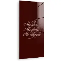 MuchoWow Glasschilderij 80x160 cm - Schilderij acrylglas - She plans she glows she achieves - Rood - Cursief - Foto op glas - Muurdecoratie woonkamer - Wanddecoratie slaapkamer - Schilderijen