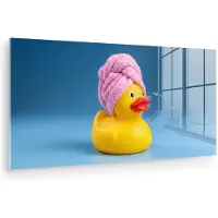 MuchoWow Glasschilderij 120x60 cm - Schilderij acrylglas - Badeend - Handdoek - Blauw - Foto op glas - Muurdecoratie woonkamer - Wanddecoratie slaapkamer - Schilderijen