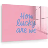 MuchoWow Glasschilderij 60x40 cm - Schilderij acrylglas - How lucky are we - Klavervier - Roze - Blauw - Foto op glas - Muurdecoratie woonkamer - Wanddecoratie slaapkamer - Schilderijen