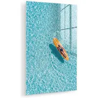 MuchoWow Glasschilderij 40x60 cm - Schilderij acrylglas - Surfboard - Water - Badpak - Oranje - Foto op glas - Muurdecoratie woonkamer - Wanddecoratie slaapkamer - Schilderijen