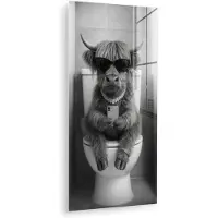 MuchoWow Glasschilderij 80x160 cm - Schilderij acrylglas - Stier - Telefoon - Toilet - Zwart - Wit - Foto op glas - Muurdecoratie woonkamer - Wanddecoratie slaapkamer - Schilderijen