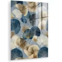 MuchoWow Glasschilderij 90x120 cm - Schilderij acrylglas - Bladeren - Abstract - Goud - Blauw - Foto op glas - Muurdecoratie woonkamer - Wanddecoratie slaapkamer - Schilderijen