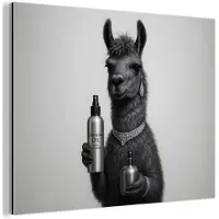 MuchoWow Aluminium schilderij 40x30 cm - Wanddecoratie metaal - Lama - Flessen - Zwart - Wit - Metalen muurdecoratie woonkamer - Decoratie industrieel - Foto op dibond - Industriële accessoires slaapkamer