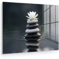 MuchoWow Glasschilderij 80x60 cm - Schilderij acrylglas - Stenen - Lotus - Grijs - Foto op glas - Muurdecoratie woonkamer - Wanddecoratie slaapkamer - Schilderijen