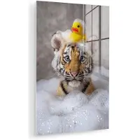 MuchoWow Glasschilderij 40x60 cm - Schilderij acrylglas - Welpje - Bad - Geel - Foto op glas - Muurdecoratie woonkamer - Wanddecoratie slaapkamer - Schilderijen