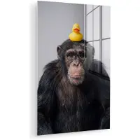 MuchoWow Glasschilderij 40x60 cm - Schilderij acrylglas - Chimpansee - Badeend - Grijs - Foto op glas - Muurdecoratie woonkamer - Wanddecoratie slaapkamer - Schilderijen