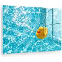 MuchoWow Glasschilderij 150x100 cm - Schilderij acrylglas - Badeend - Dobberen - Blauw - Foto op glas - Muurdecoratie woonkamer - Wanddecoratie slaapkamer - Schilderijen