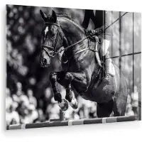 MuchoWow Glasschilderij 120x90 cm - Schilderij acrylglas - Springen - Paard - Zwart - Wit - Foto op glas - Muurdecoratie woonkamer - Wanddecoratie slaapkamer - Schilderijen