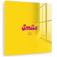 MuchoWow Glasschilderij 20x20 cm - Schilderij acrylglas - Smile - Geel - Roze - Foto op glas - Muurdecoratie woonkamer - Wanddecoratie slaapkamer - Schilderijen