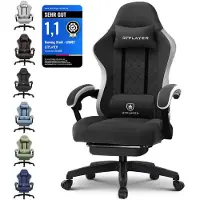GTPLAYER Gaming stoel, bekleding van stof, gaming fauteuil met pocketveringkussen, ergonomische draaistoel, gaming stoel met voetsteun. Draagvermogen: 150 kg, kleur: zwart