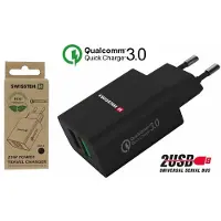 Swissten Netwerkadapter met 2x USB QC 3.0 + 1x USB-poort, 23W, zwart (milieuvriendelijke verpakking)