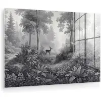 MuchoWow Glasschilderij 120x80 cm - Schilderij acrylglas - Bos - Hert - Zwart - Wit - Foto op glas - Muurdecoratie woonkamer - Wanddecoratie slaapkamer - Schilderijen