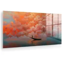 MuchoWow Glasschilderij 160x80 cm - Schilderij acrylglas - Zee - Boot - Wolken - Oranje - Foto op glas - Muurdecoratie woonkamer - Wanddecoratie slaapkamer - Schilderijen