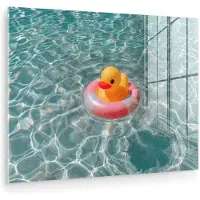 MuchoWow Glasschilderij 80x60 cm - Schilderij acrylglas - Badeend - Zwemband - Geel - Foto op glas - Muurdecoratie woonkamer - Wanddecoratie slaapkamer - Schilderijen