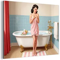 MuchoWow Aluminium schilderij 160x120 cm - Wanddecoratie metaal - Badkamer - Vrouw - Roze - Metalen muurdecoratie woonkamer - Decoratie industrieel - Foto op dibond - Industriële accessoires slaapkamer