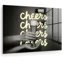 MuchoWow Glasschilderij 30x20 cm - Schilderij acrylglas - Cheers - Wijn - Zwart - Wit - Foto op glas - Muurdecoratie woonkamer - Wanddecoratie slaapkamer - Schilderijen