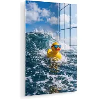MuchoWow Glasschilderij 40x60 cm - Schilderij acrylglas - Badeend - Stoer - Golven - Foto op glas - Muurdecoratie woonkamer - Wanddecoratie slaapkamer - Schilderijen