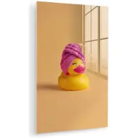 MuchoWow Glasschilderij 60x90 cm - Schilderij acrylglas - Badeend - Handdoek - Kleurrijk - Foto op glas - Muurdecoratie woonkamer - Wanddecoratie slaapkamer - Schilderijen