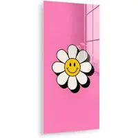 MuchoWow Glasschilderij 80x160 cm - Schilderij acrylglas - Smiley - Bloem - Roze - Foto op glas - Muurdecoratie woonkamer - Wanddecoratie slaapkamer - Schilderijen