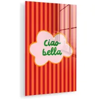 MuchoWow Glasschilderij 20x30 cm - Schilderij acrylglas - Ciao bella - Tekstwolk - Strepen - Oranje - Foto op glas - Muurdecoratie woonkamer - Wanddecoratie slaapkamer - Schilderijen