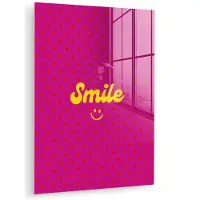 MuchoWow Glasschilderij 90x120 cm - Schilderij acrylglas - Smile - Stippen - Geel - Smiley - Roze - Foto op glas - Muurdecoratie woonkamer - Wanddecoratie slaapkamer - Schilderijen