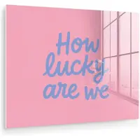 MuchoWow Glasschilderij 40x30 cm - Schilderij acrylglas - How lucky are we - Klavervier - Roze - Blauw - Foto op glas - Muurdecoratie woonkamer - Wanddecoratie slaapkamer - Schilderijen