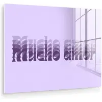 MuchoWow Glasschilderij 160x120 cm - Schilderij acrylglas - Mucho amor - Paars - Gelaagde letters - Foto op glas - Muurdecoratie woonkamer - Wanddecoratie slaapkamer - Schilderijen