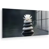 MuchoWow Glasschilderij 160x80 cm - Schilderij acrylglas - Stenen - Lotus - Grijs - Foto op glas - Muurdecoratie woonkamer - Wanddecoratie slaapkamer - Schilderijen