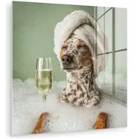 MuchoWow Glasschilderij 50x50 cm - Schilderij acrylglas - Hond - Bad - Champagne - Handdoek - Foto op glas - Muurdecoratie woonkamer - Wanddecoratie slaapkamer - Schilderijen