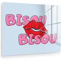 MuchoWow Glasschilderij 80x60 cm - Schilderij acrylglas - Bisou - Blauw - Roze - Lippen - Foto op glas - Muurdecoratie woonkamer - Wanddecoratie slaapkamer - Schilderijen