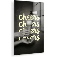 MuchoWow Glasschilderij 60x90 cm - Schilderij acrylglas - Cheers - Wijn - Zwart - Wit - Foto op glas - Muurdecoratie woonkamer - Wanddecoratie slaapkamer - Schilderijen