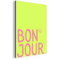 MuchoWow Aluminium schilderij 120x160 cm - Wanddecoratie metaal - Groen - Smiley - Bonjour - Roze - Metalen muurdecoratie woonkamer - Decoratie industrieel - Foto op dibond - Industriële accessoires slaapkamer