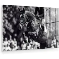 MuchoWow Glasschilderij 150x100 cm - Schilderij acrylglas - Springen - Paard - Zwart - Wit - Foto op glas - Muurdecoratie woonkamer - Wanddecoratie slaapkamer - Schilderijen