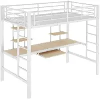 OKWISH Hoogslaper 90x200cm – Met Bureau En Twee Boekenkasten – Met Ladder En Valbeveiliging – Metaal En MDF – Zonder matras – Wit